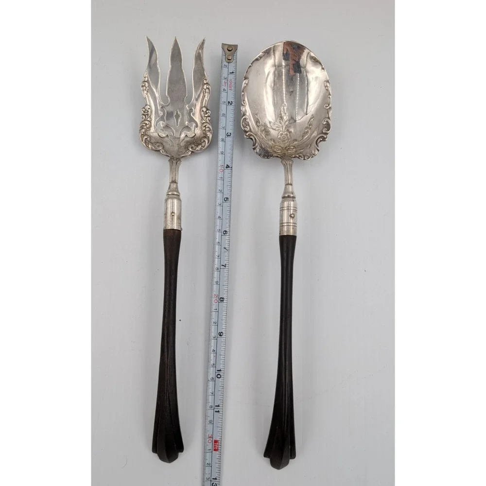 Silverplate Salad Fork & Spoon Set Ornate Vintage Wood Handles by M.B. & Co